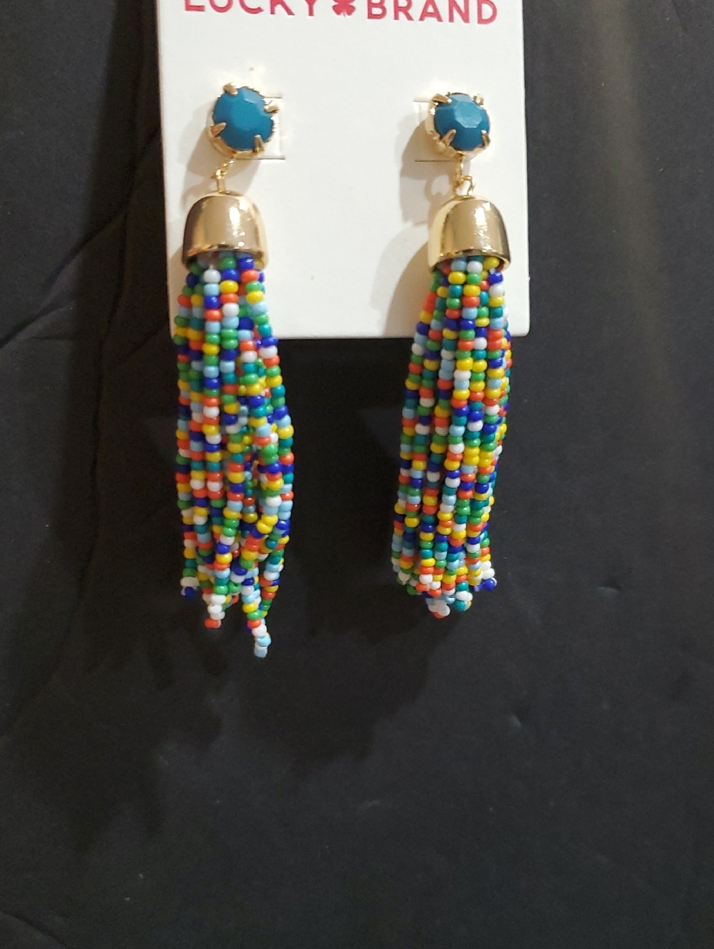 Lucky Brand teal agate stone style Beaded multicolored drop boho tassel earrings